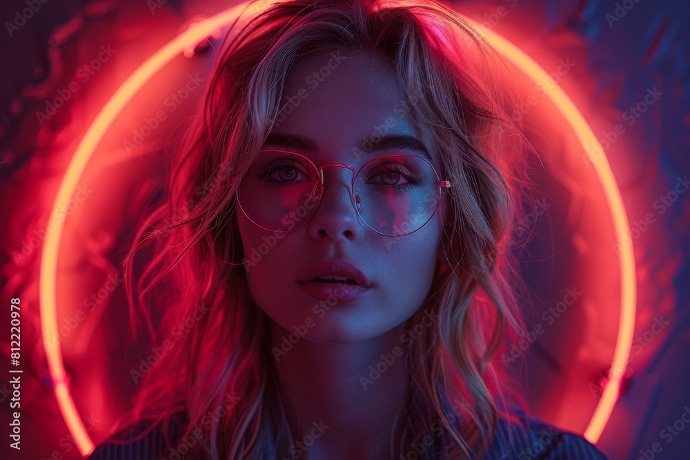 Portrait of a young woman with light eyes Red and blue neon lights with a halo effect Portrait of a young woman with light eyes Red and blue neon lights with a halo effect