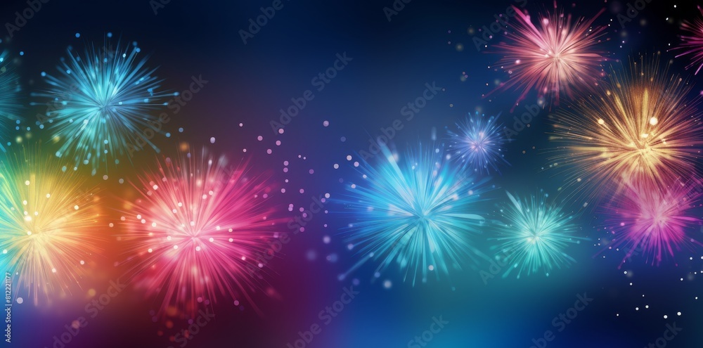 Stunning multicolored fireworks burst with dazzling sparkles against a deep blue night sky, perfect for festivals, celebrations, and holiday backgrounds