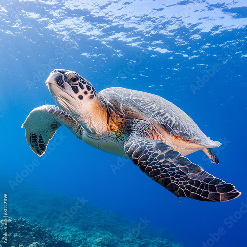 A sea turtle gracefully swimming in the blue waters of the sea