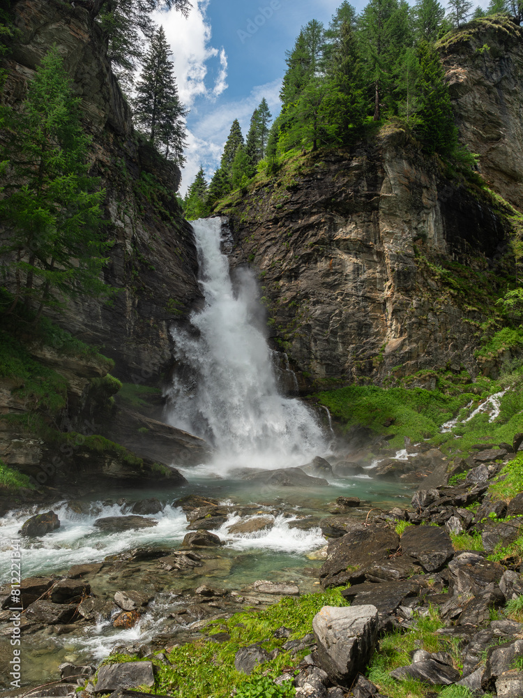 Fototapeta premium Hell's waterfall (Cascata dell'Inferno), at the Alpe Devero, near Baceno in the Lepontine Alps of Northern Italy, Piedmont Region.