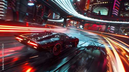 Experience the adrenaline rush of a high-speed chase through a cyberpunk cityscape, with neon lights streaking past and futuristic vehicles weaving through traffic in a heart-pounding pursuit. © Nature Creative