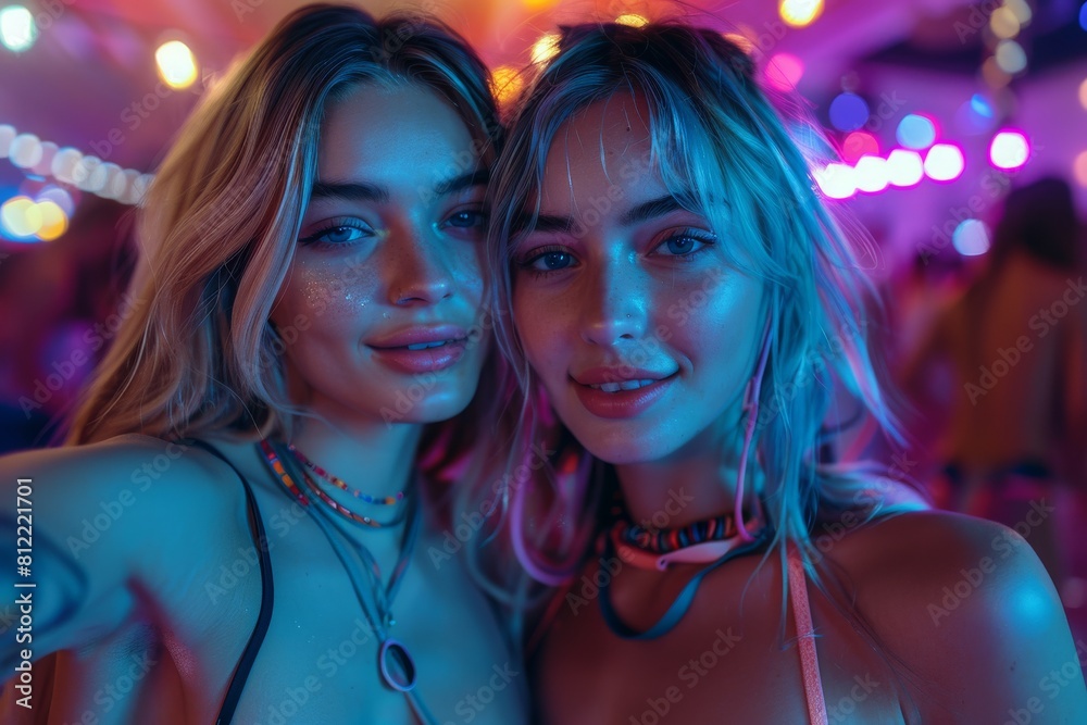 Two attractive women pose together at a neon night party, showcasing a strong friendship bond and trendy styles Two attractive women pose together at a neon night party, showcasing a strong friendship bond and trendy styles