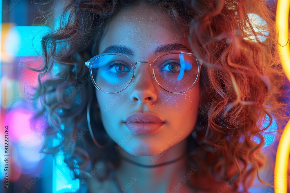 A young curly-haired woman wearing glasses, surrounded by vivid neon lights, offering a bold and contemporary portrait style A young curly-haired woman wearing glasses, surrounded by vivid neon lights, offering a bold and contemporary portrait style