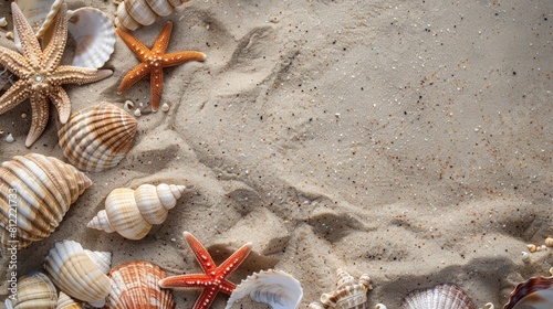 A sandy beach strewn with an assortment of shells and starfish. © Ashalina