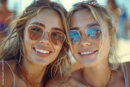 Two joyful friends soaking in the sun, their stylish eyewear adding charm to their sunny day beach experience