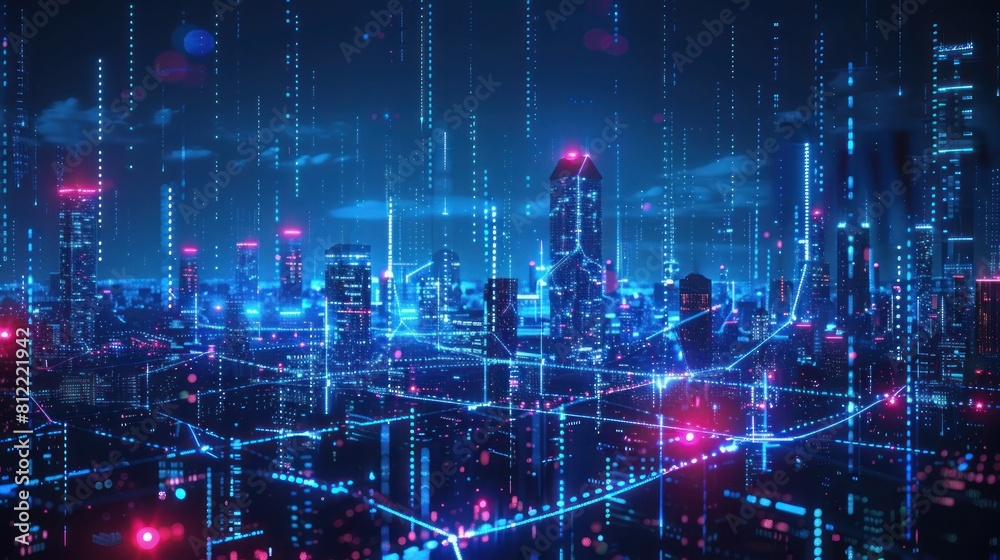 Silhouettes of city buildings illuminated with neon lights, symbolizing digital network connections