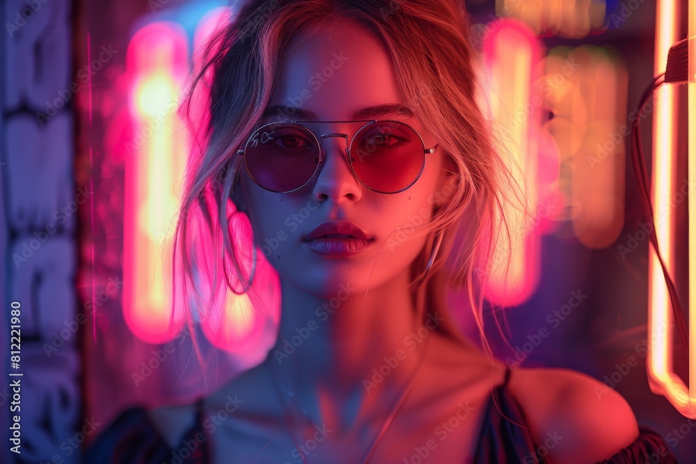 Sophisticated young woman with trendy sunglasses amidst vibrant neon lights Sophisticated young woman with trendy sunglasses amidst vibrant neon lights