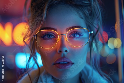 Cyber-inspired neon lighting illuminating a young woman's face and glasses