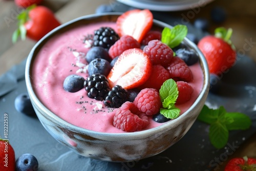 Refreshing Berry smoothie bowl. Vegan yogurt breakfast delicious natural dessert. Generate ai