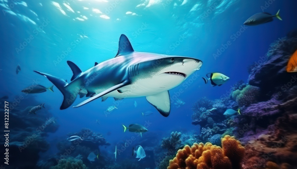 The great White Shark in the ocean, portrait of White shark hunting prey in the underwater The great White Shark in the ocean, portrait of White shark hunting prey in the underwater