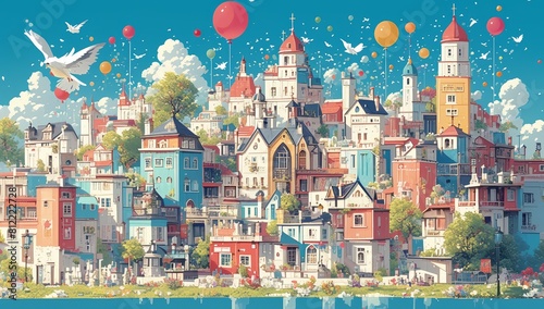 A whimsical cityscape with pastel-colored buildings, tall trees adorned with colorful balloons