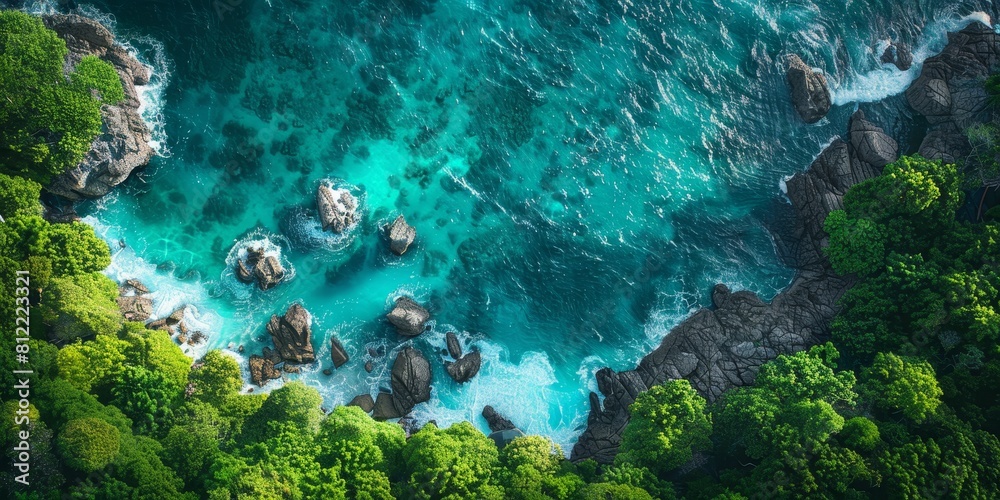 Aerial View of Coastal Landscape With Lush Greenery and Turquoise Waters. Generative AI Aerial View of Coastal Landscape With Lush Greenery and Turquoise Waters. Generative AI