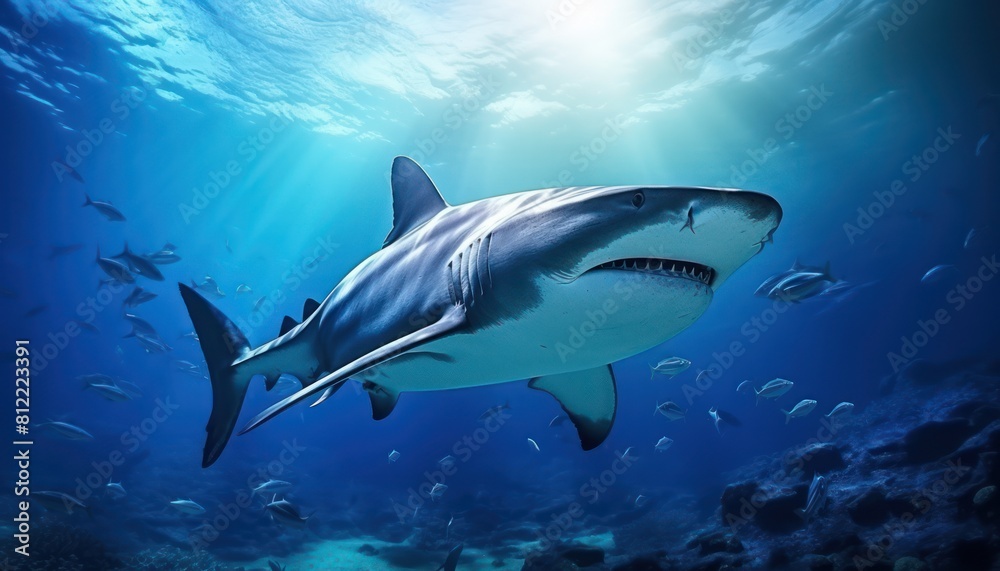 Naklejka premium The great White Shark in the ocean, portrait of White shark hunting prey in the underwater