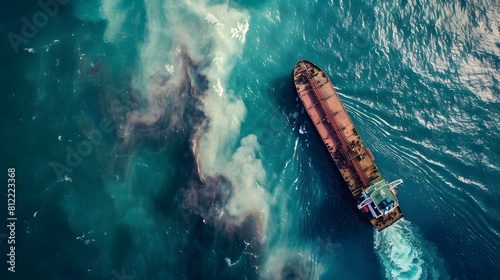 Explore the environmental impact of a massive ship leakage, polluting miles of ocean photo