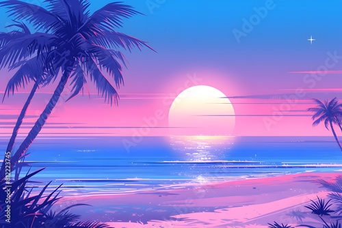 Illustration of palm trees and ocean at neon sunset. Digital artwork for design and print. Tropical and retro concept.