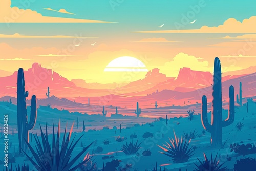 An vector illustration of the Arizona desert with cacti and mountains