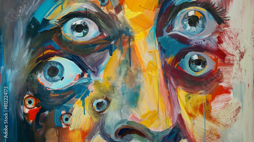 Abstract Faces with Multicolored Eyes, Expressionist Oil Painting