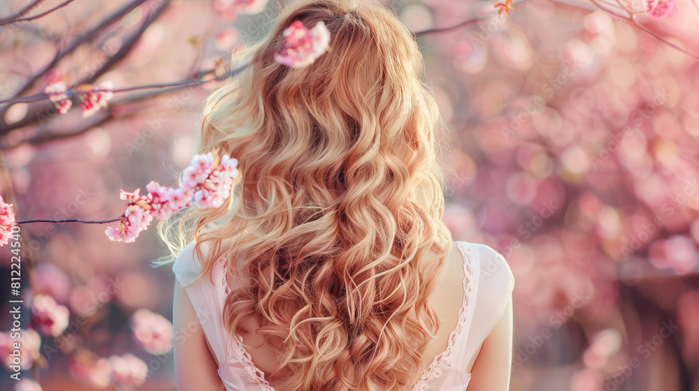 Naklejka premium Blonde Hair Woman - Standing Under Pink Cherry Blossoms