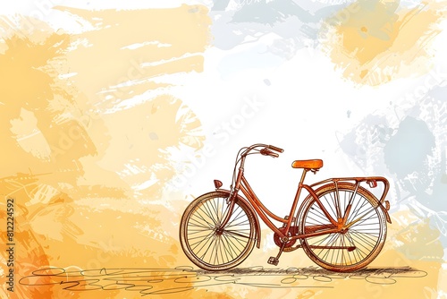 Illustration of red vintage bicycle on abstract background with orange and grey strokes with copy space for text. World Bicycle Day. Card, banner, promo, special offer, web page.  photo