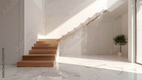 Explore the synergy between a wooden staircase and marble flooring in a minimalist entrance hall with a sleek door
