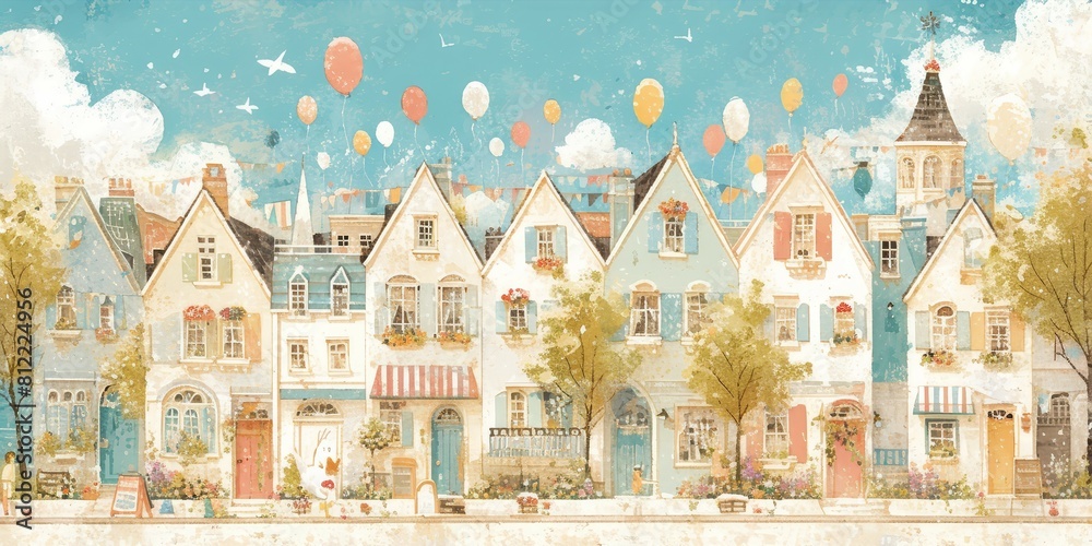 A whimsical cityscape with pastel colored buildings, trees adorned with colorful balloons and birds perched on branches, creating an enchanting atmosphere.