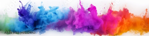 Expansive, panoramic display of vivid ink splashes in blue, purple, and orange, creating a dynamic and colorful abstract background suitable for creative designs and artistic projects