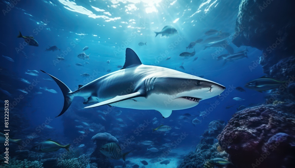 Naklejka premium The great White Shark in the ocean, portrait of White shark hunting prey in the underwater