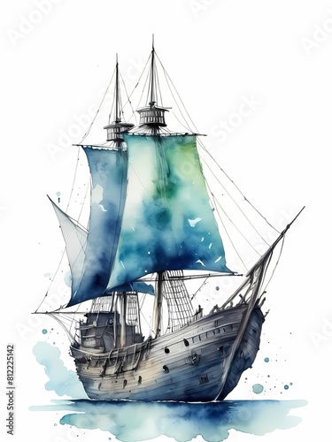 Sailing Ships Watercolor Painting Generative AI Illustration 