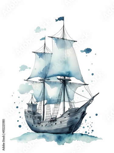 Sailing Ships Watercolor Painting Generative AI Illustration 