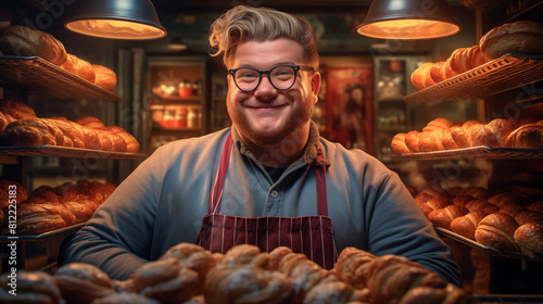 A positive portrait of a baker owning his own small business, bakery and bakery. photo