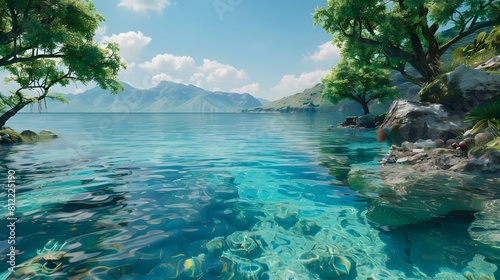 Generate a serene coastal landscape with crystal-clear waters and AI-generated marine life
