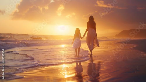 A mother and daughter stroll along the beach at sunset. © Ashalina