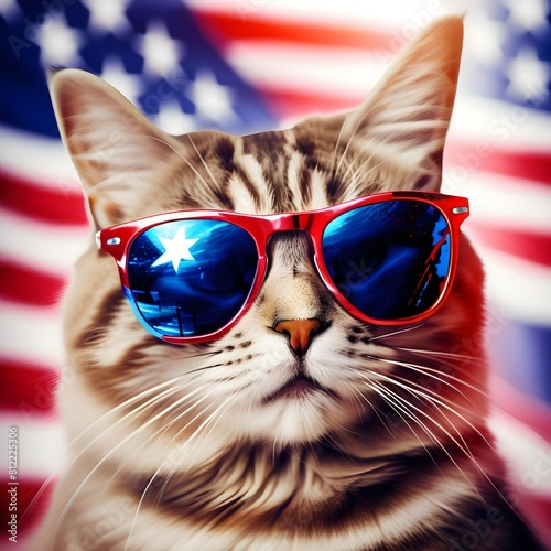 4th of July - Independence Day of USA. Cute cat with sunglasses and American flag on shiny festive background

