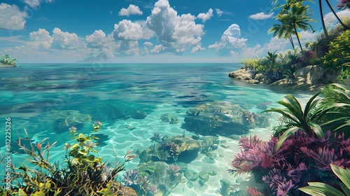 Generate a serene coastal landscape with crystal-clear waters and AI-generated marine life