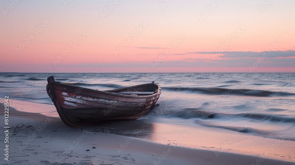 As a small boat sits peacefully on the sand, framed by the vast expanse of the sea. As a small boat sits peacefully on the sand, framed by the vast expanse of the sea.
