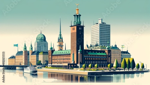 Stockholm cityscape with traditional houses, roofs, churches, bell towers. Retro style vector poster  photo
