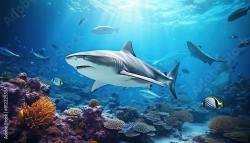 The great White Shark in the ocean, portrait of White shark hunting prey in the underwater