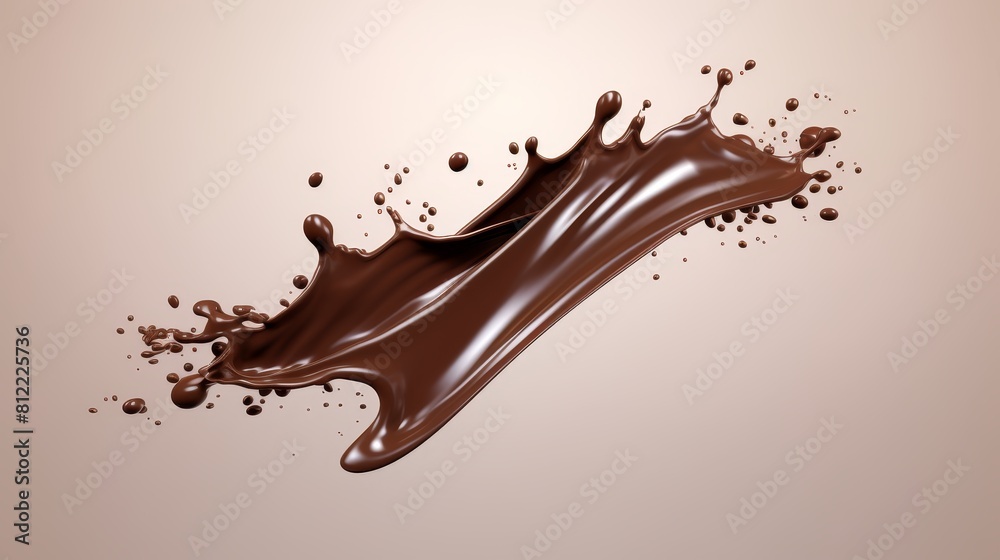 High-resolution image featuring a dynamic splash of chocolate, elegantly captured mid-air against a smooth nude backdrop, perfect for culinary design and food industry marketing materials
