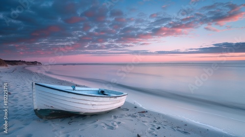 As a small boat sits peacefully on the sand, framed by the vast expanse of the sea.