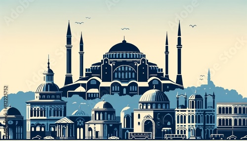 Istanbul cityscape with traditional houses, roofs, churches, bell towers. Retro style vector poster  photo