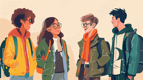illustration of four young university students talking
