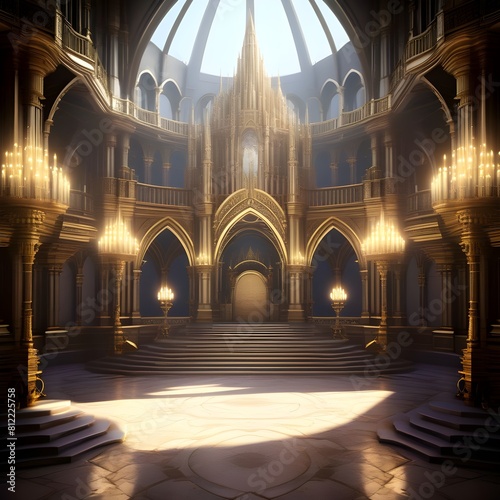 A realistic fantasy interior of the palace. Dark castle interior. golden palace. Fiction Backdrop. concept art. 