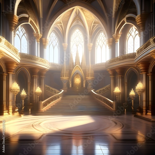 A realistic fantasy interior of the palace. Dark castle interior. golden palace. Fiction Backdrop. concept art.
