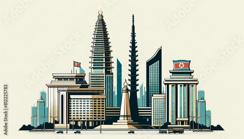 Pyongyang cityscape with traditional houses, roofs, churches, bell towers. Retro style vector poster  photo