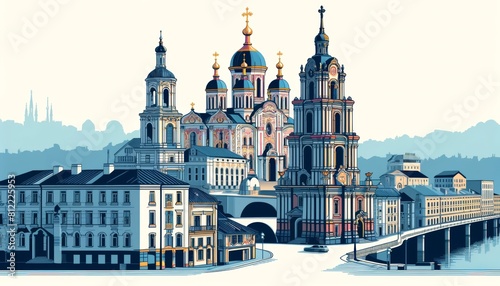 Vitebsk cityscape with traditional houses, roofs, churches, bell towers. Retro style vector poster  photo