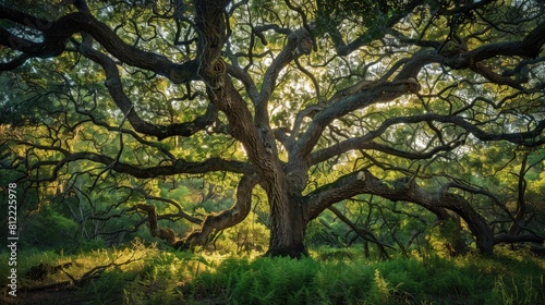 A majestic oak tree stands tall amidst the forest.