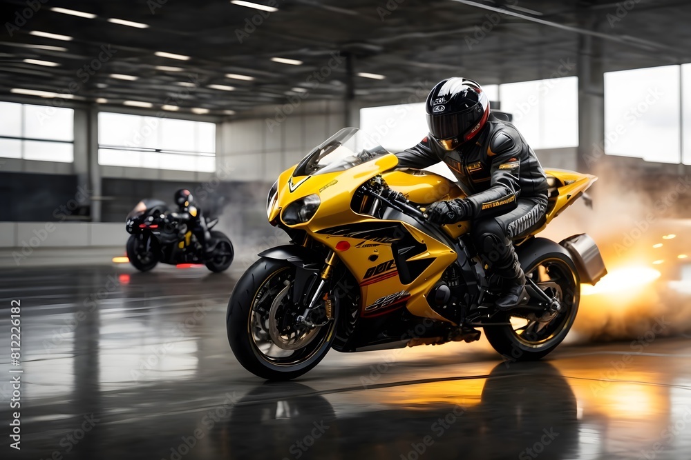 Fototapeta premium Modern Racing Motorcycle Speeding Down an Airport Runway