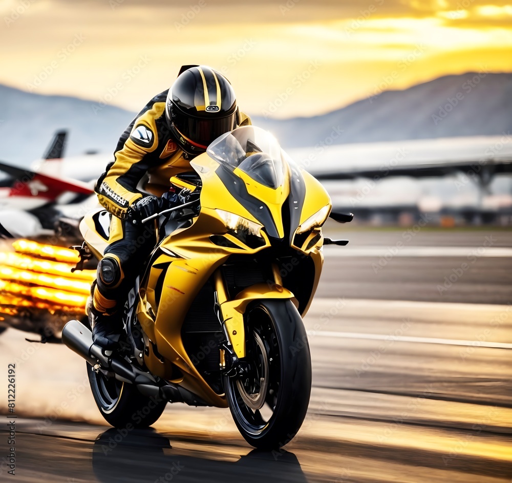 Modern Racing Motorcycle Speeding Down an Airport Runway