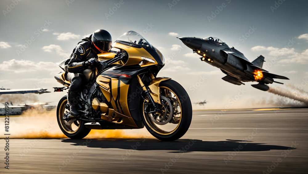 Modern Racing Motorcycle Speeding Down an Airport Runway