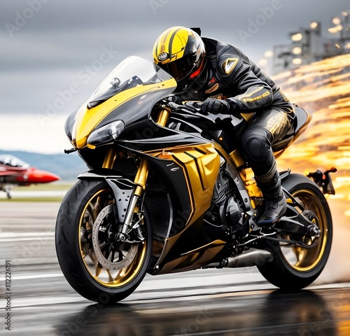 Modern Racing Motorcycle Speeding Down an Airport Runway